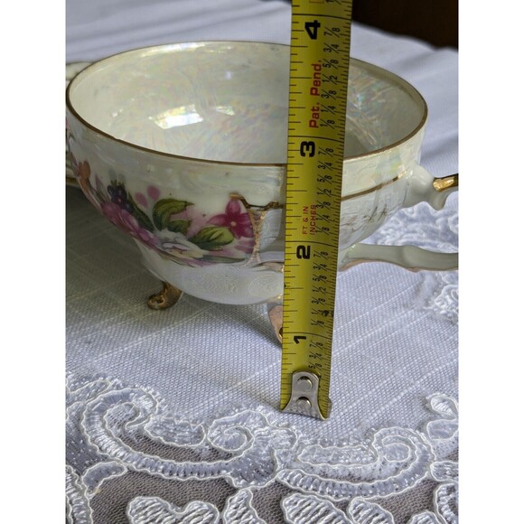 VTG Lusterware Iridescent 3 Footed D3041 Teacup & Saucer Floral Gold Trim Pink - Picture 11 of 16